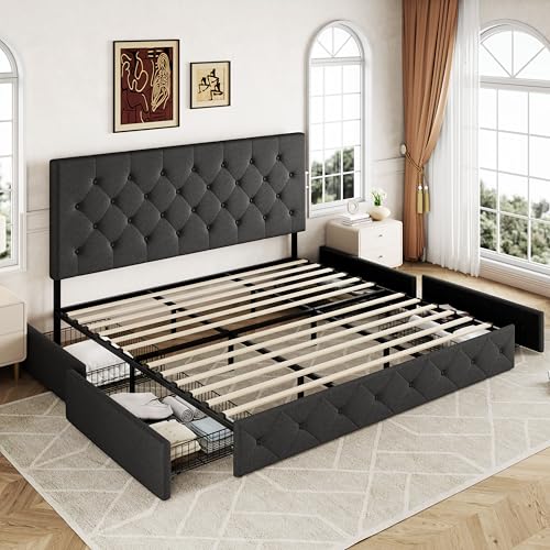 Allewie Upholstered Queen Platform Bed Frame with 4 Drawers and Headboard, Light Grey A922