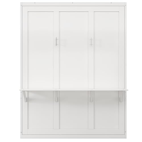 SOFTSEA Full Size Murphy Bed with Desk, Foldable Wall Bed for Guest Room, White W281