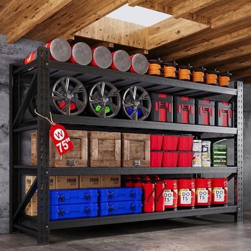 71" W Heavy Duty Steel Garage Shelving, 4-Tier Adjustable Storage Rack, Black C40455