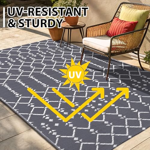 Smiry Waterproof Outdoor Rug 5x8 ft, Reversible Plastic Straw Patio Mat, Black & Beige P20186