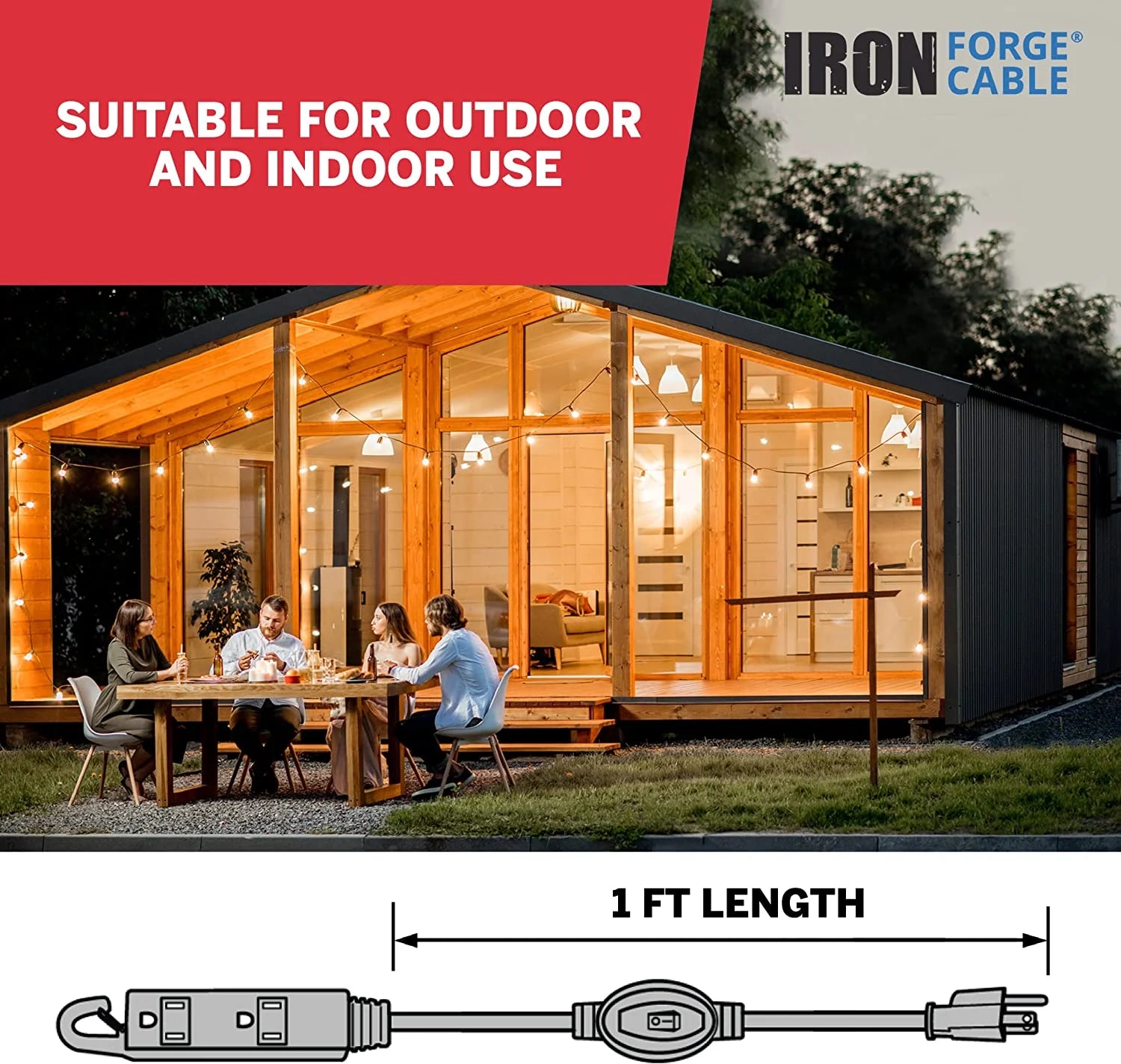 Iron Forge Inline Extension Cord with On/Off Switch, 1 FT, 3 Outlets, White J40775