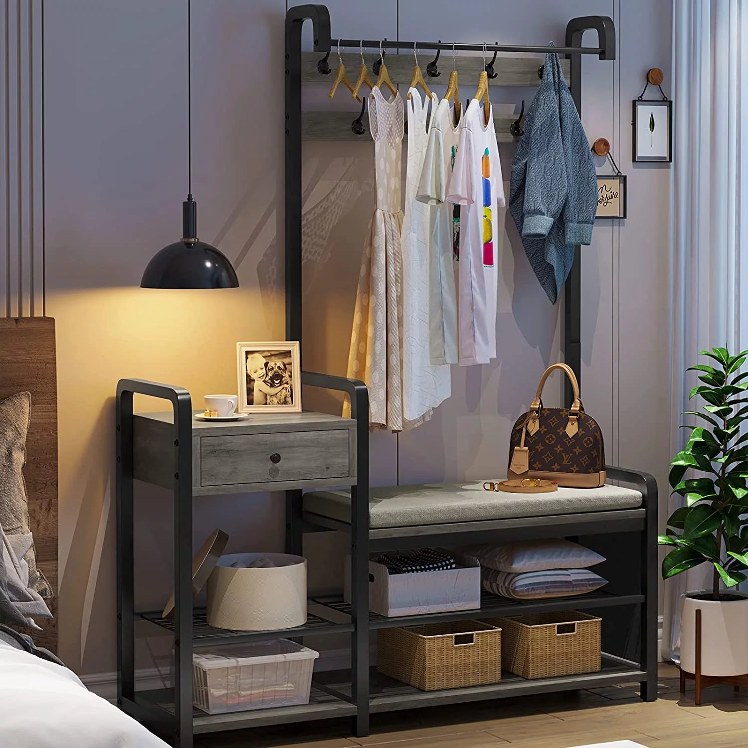 Hall Tree Entryway Bench with Shoe Rack, Coat Rack and Storage, Oak Grey J1669