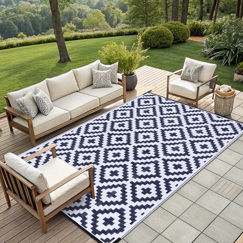 Smiry Waterproof Outdoor Rug 5x8 ft, Reversible Plastic Straw Patio Mat, Black & Beige P20186