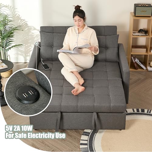 52" Sleeper Sofa with Pull-Out Bed, 3-in-1 Convertible, Linen, Light Gray E80103