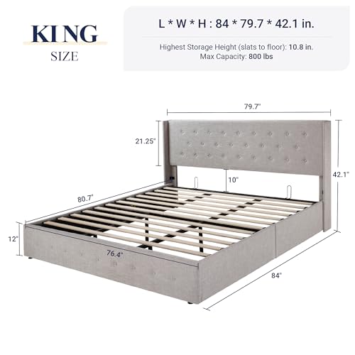 Allewie Full Size Lift Up Storage Bed with Wingback Headboard, Light Beige C85153