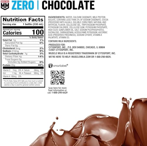 Muscle Milk Zero Protein Shake, Chocolate, 20g Protein, Zero Sugar, 11.16 Fl Oz (Pack of 12) O17417