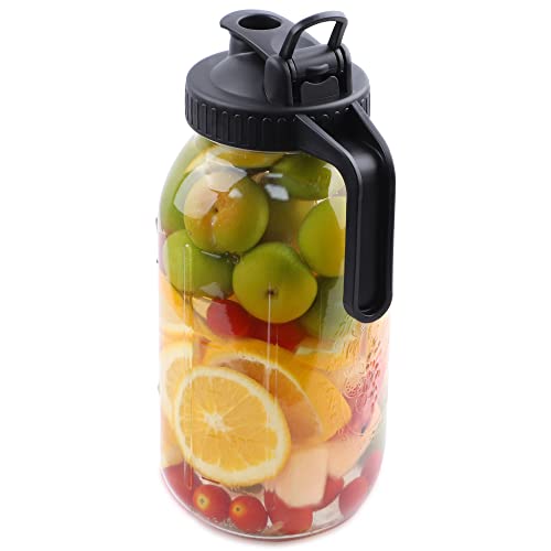 Mason Jar Pitcher 64 OZ Wide Mouth Jars With Pour Spout Lids Airtight Leak-proof 2 Quart Glass Pitcher With Handle For Iced Tea, Milk, Sun Tea, Lemonade,Iced Coffee