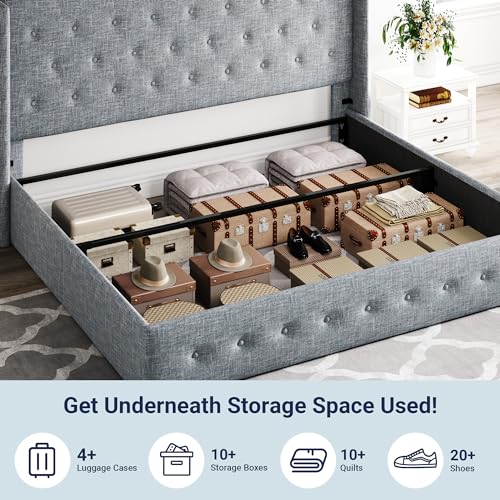 Allewie Full Size Lift Up Storage Bed with Wingback Headboard, Light Beige C85153