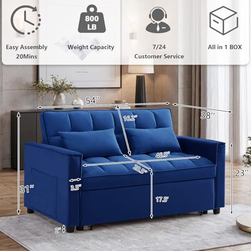 3 in 1 Convertible Sleeper Sofa Bed Futon with Adjustable Backrest, Velvet, Black Q74350