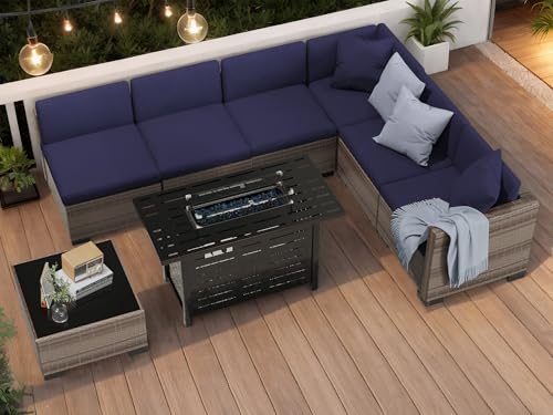 KIGOTY Patio Furniture Set 7 Pieces Outdoor Sectional Sofa with Cushions and Glass Coffee Table B60021