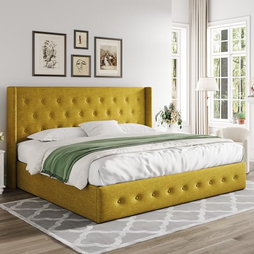 Allewie Full Size Lift Up Storage Bed with Wingback Headboard, Light Beige C85153