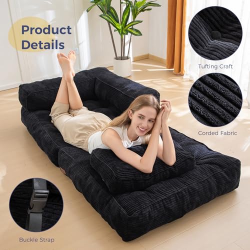 MAXYOYO Folding Sofa Bed L-Shaped Convertible Sleeper Couch with Pillow, Dark Grey X9070