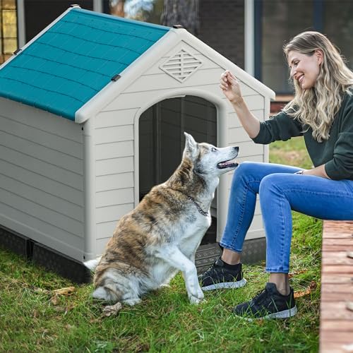 Waterproof Plastic Dog House for Small Medium Large Dogs, Insulated with Elevated Floor, Gray F264926