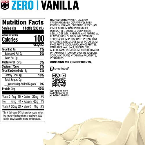 Muscle Milk Zero Protein Shake, Chocolate, 20g Protein, Zero Sugar, 11.16 Fl Oz (Pack of 12) O17417