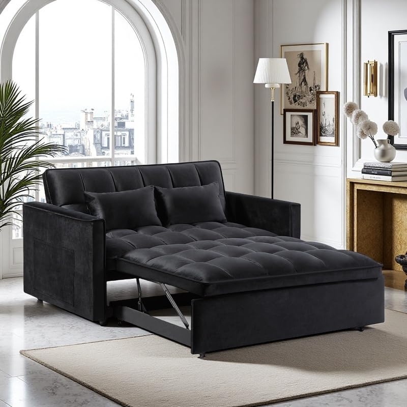 3 in 1 Sleeper Sofa Bed with Side Pocket, Black Convertible Futon Couch W34330