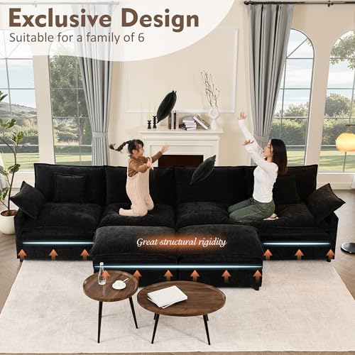 U Shaped Modular Sectional Sofa with Ottoman, Chenille, Black P2121