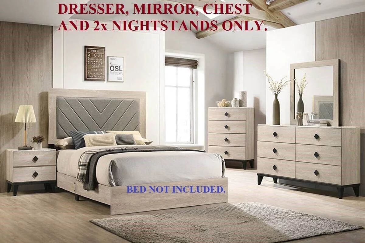Transitional Cream Dresser Mirror Nightstands Chest 5pc Bedroom Set R373