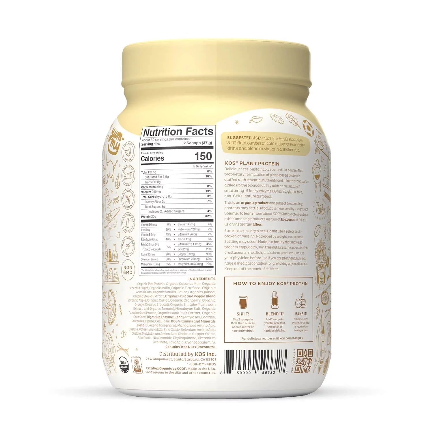 KOS Vegan Protein Powder Vanilla USDA Organic Pea Protein Blend, 30 Servings T773