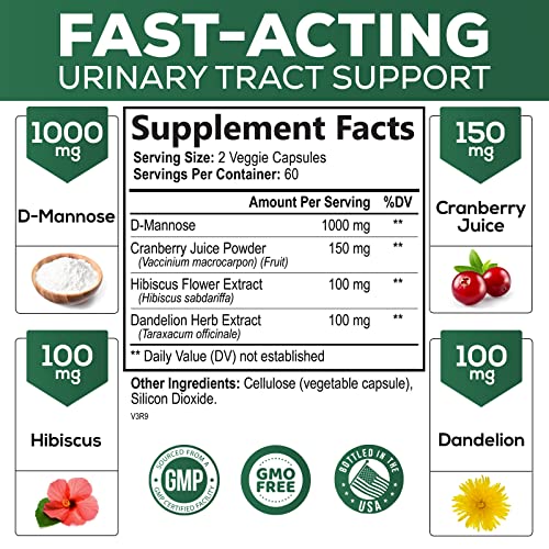 D-Mannose & Cranberry Extract 1350mg, Urinary Tract Health Support, Non-GMO, Vegan - 180 Capsules U539