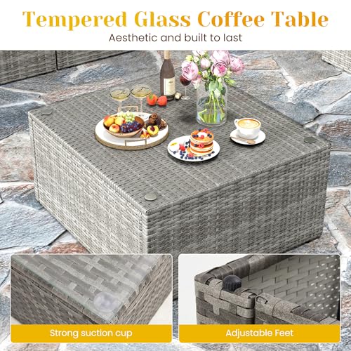 Outdoor Patio Furniture Set with Glass Tea Table, PE Rattan Wicker, Grey V687