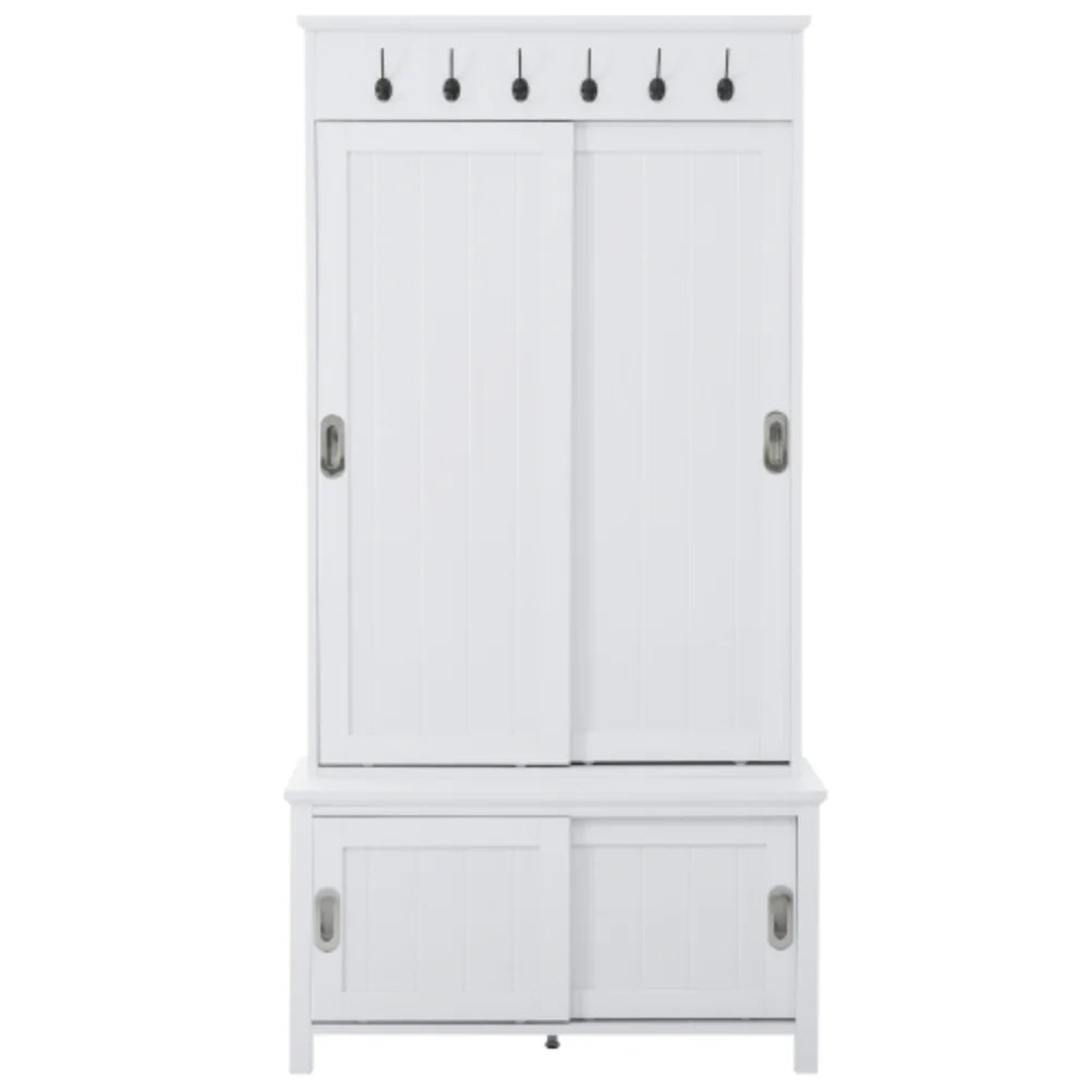 Multifunctional Hall Tree with Sliding Doors, Wooden Hallway Shoe Cabinet with Storage Bench and Shelves, Mudroom Coat Storage with Hanging Hooks for Entryways, White