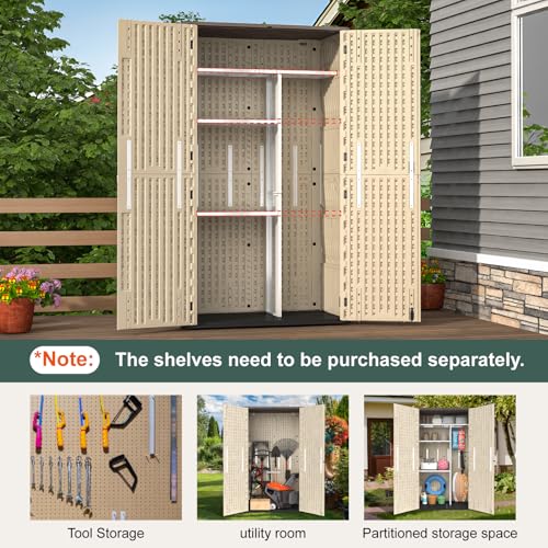 60 Cu.Ft Vertical Outdoor Storage Shed, All-Weather Resin Cabinet, Lockable, Khaki A6694