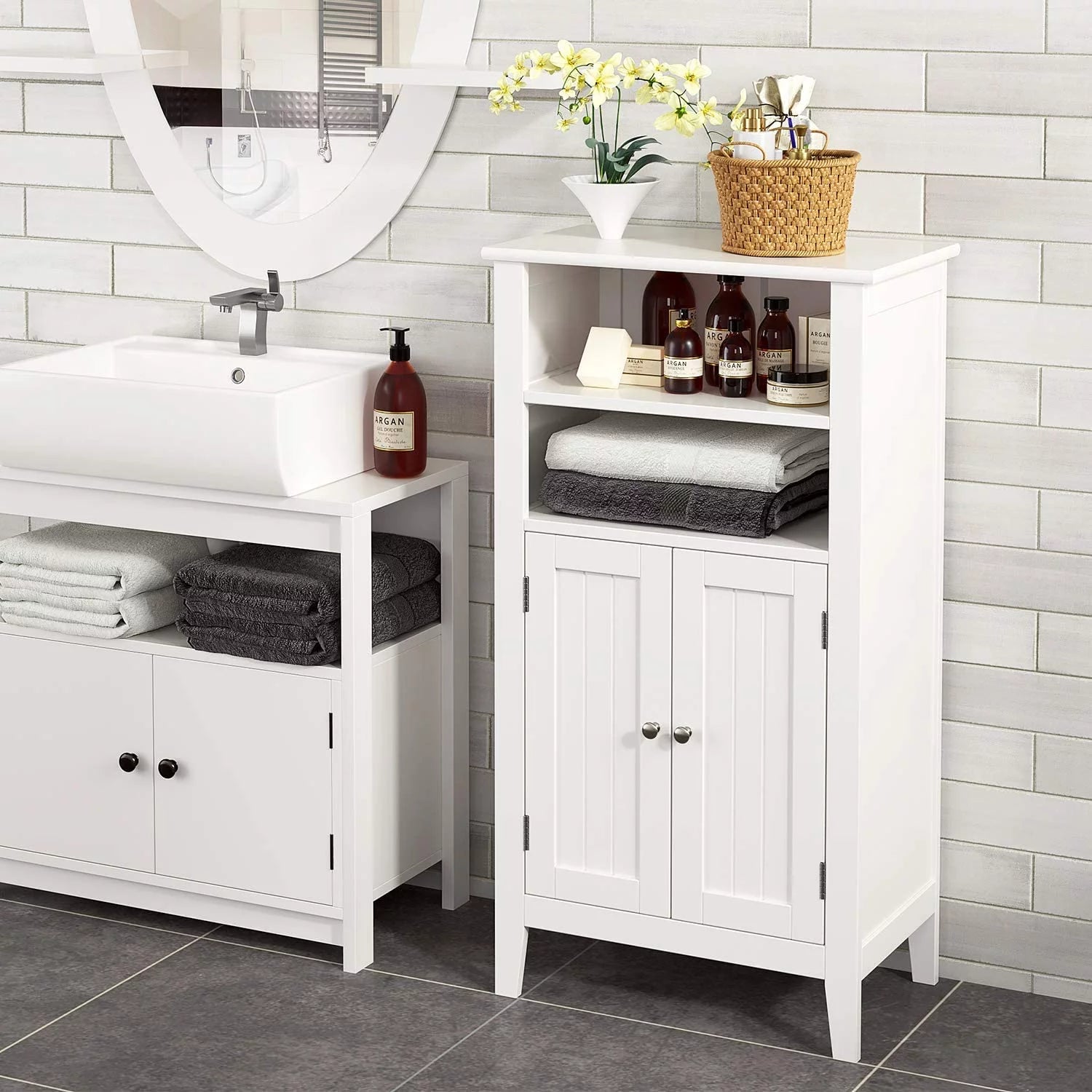 Homfa 2 Tier Bathroom Storage Cabinet with Doors, White Y42661