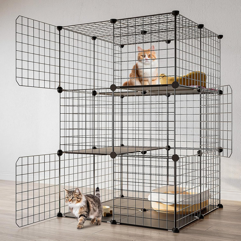 3-Tier Cat Cage Indoor Enclosure DIY Cat Playpen Catio Detachable Metal Wire Kennels 2Lx2Wx3H Crate Large Exercise Place Ideal for 1-2 Cats, Black