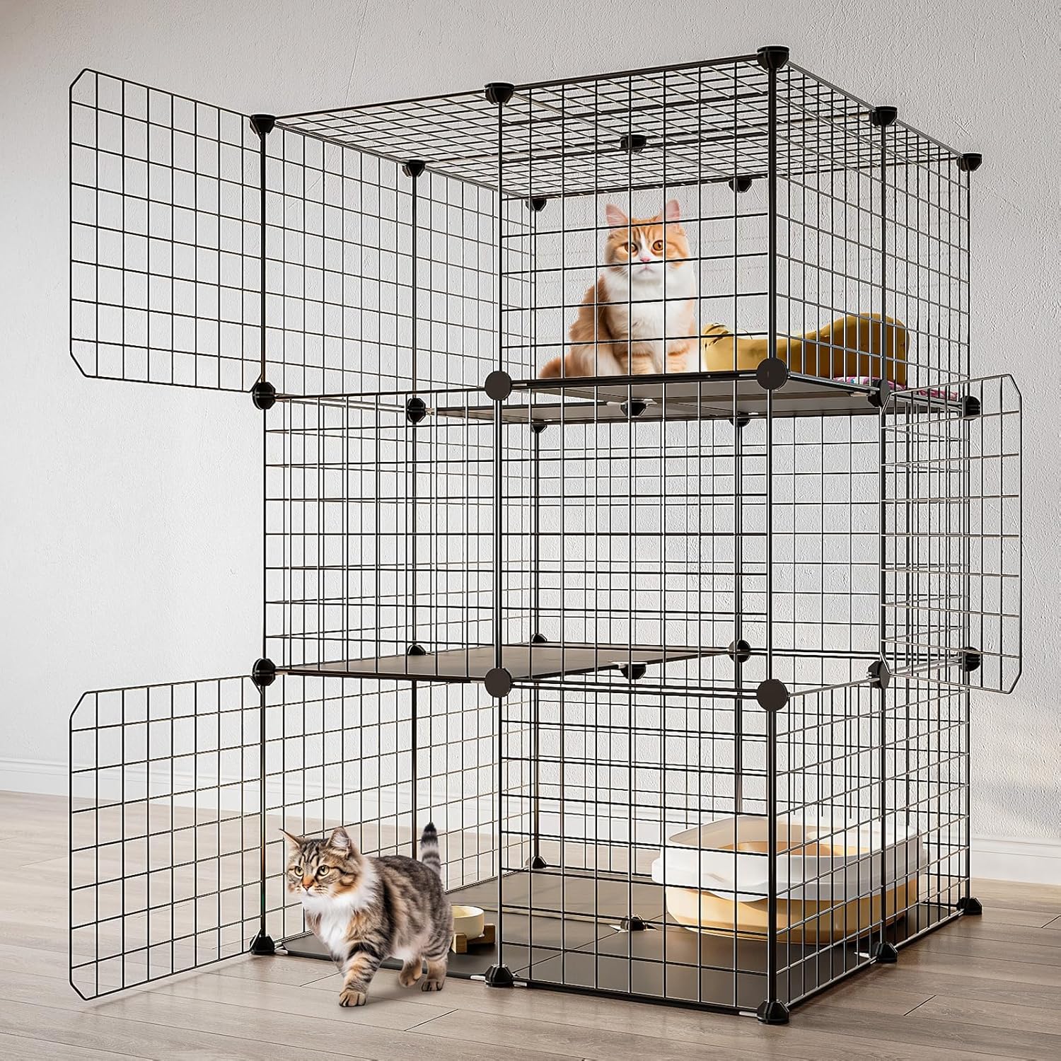 3-Tier Cat Cage Indoor Enclosure DIY Cat Playpen Catio Detachable Metal Wire Kennels 2Lx2Wx3H Crate Large Exercise Place Ideal for 1-2 Cats, Black