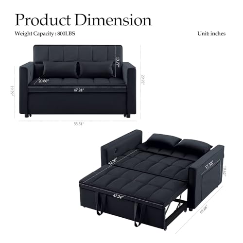 Modern 3 in 1 Convertible Sleeper Sofa Couch Bed with USB, Light Grey M684