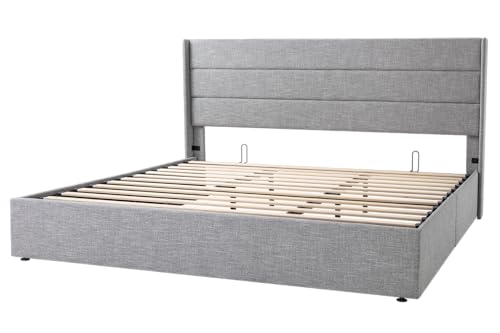 Allewie Full Size Lift Up Storage Bed with Wingback Headboard, Light Beige C85153