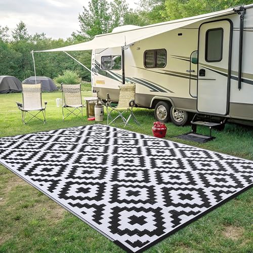 Smiry Waterproof Outdoor Rug 5x8 ft, Reversible Plastic Straw Patio Mat, Black & Beige P20186