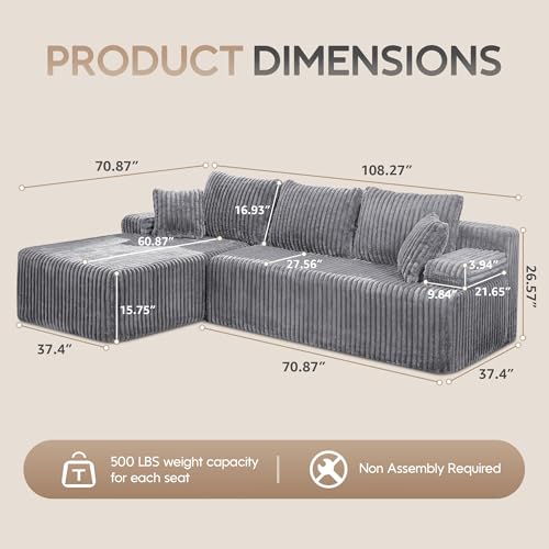Modular Sectional Sofa L-Shape Couch with Oversized Chaise, Grey Stripe I49459