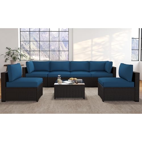 KIGOTY Patio Furniture Set 7 Pieces Outdoor Sectional Sofa with Cushions and Glass Coffee Table B60021