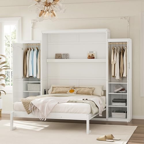 Polib Full Size Murphy Bed with Two Wardrobes and Storage Shelf, White S302797