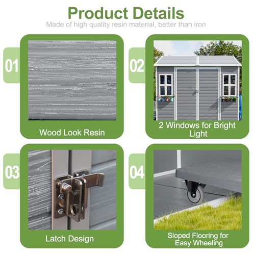 8x6x7 FT Resin Storage Shed, Waterproof Outdoor Tool Shed with Floor, Dove Grey C693740