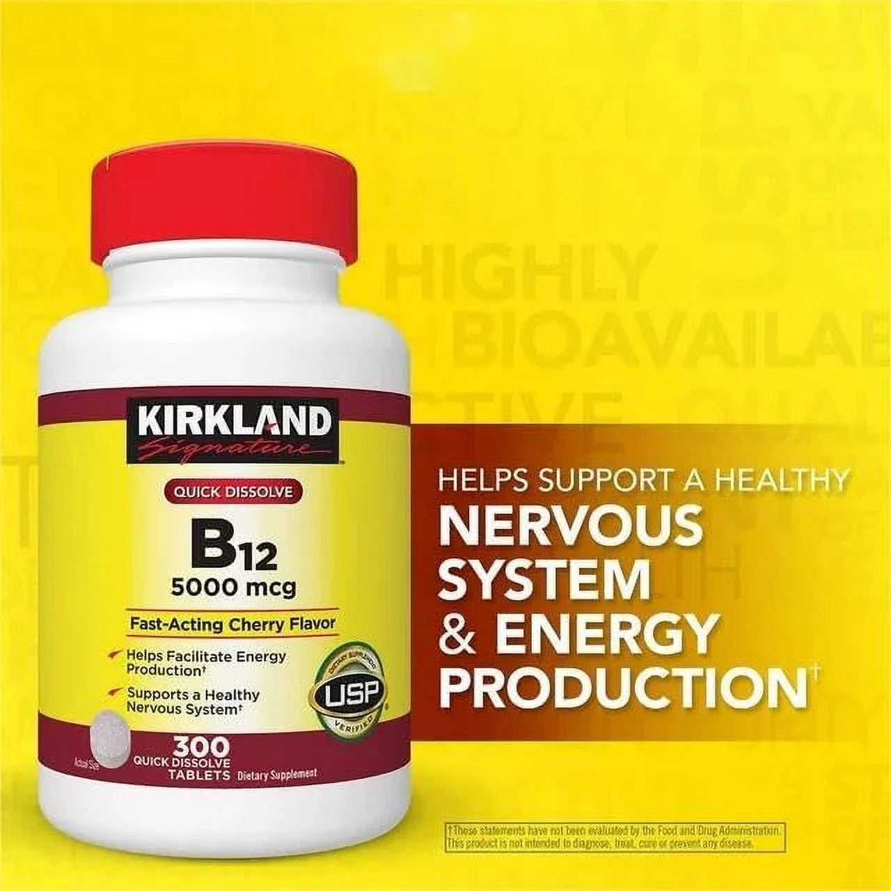 Kir-kland Signature Vitamin B12 5000 mcg Tablets, Cherry Flavored, 300 Count O95000