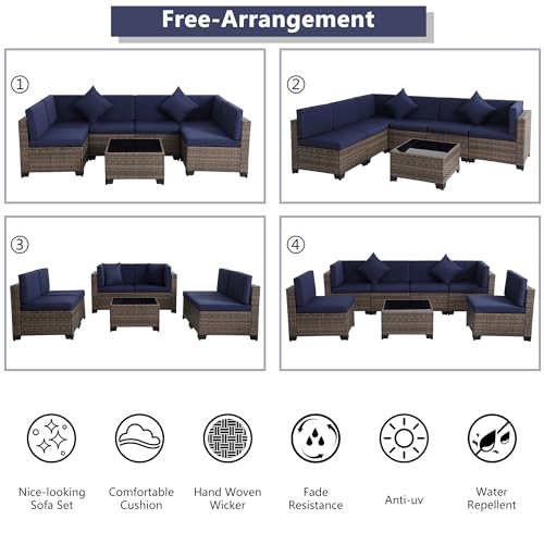 KIGOTY Patio Furniture Set 7 Pieces Outdoor Sectional Sofa with Cushions and Glass Coffee Table B60021