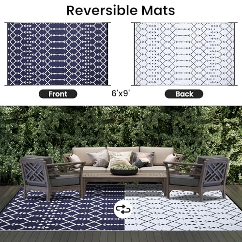 Smiry Waterproof Outdoor Rug 5x8 ft, Reversible Plastic Straw Patio Mat, Black & Beige P20186