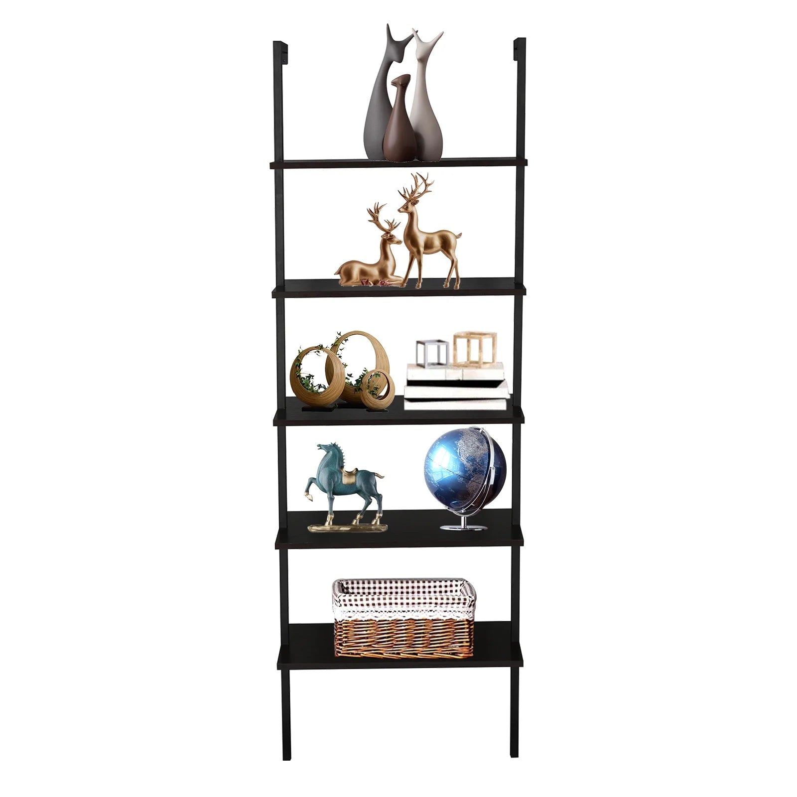 5-Shelf Wood Ladder Bookcase with Metal Frame, Dark Walnut U3309