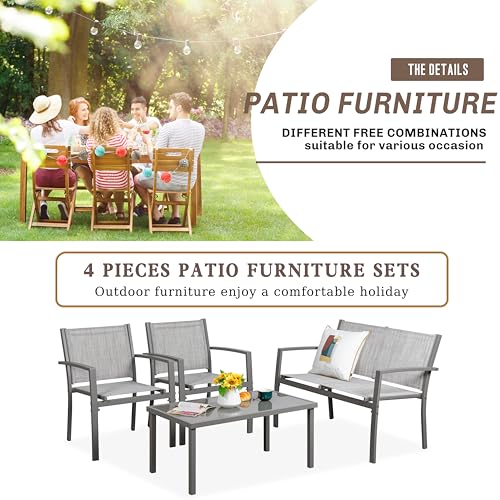 Vongrasig 4 Piece Patio Conversation Set with Glass Coffee Table, Black E428