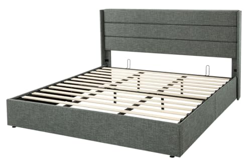 Allewie Full Size Lift Up Storage Bed with Wingback Headboard, Light Beige C85153