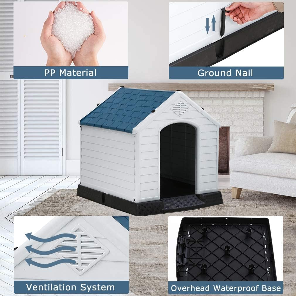 Large Plastic Dog House Indoor Outdoor Pet Kennel with Air Vents, 39 Inch High M8648