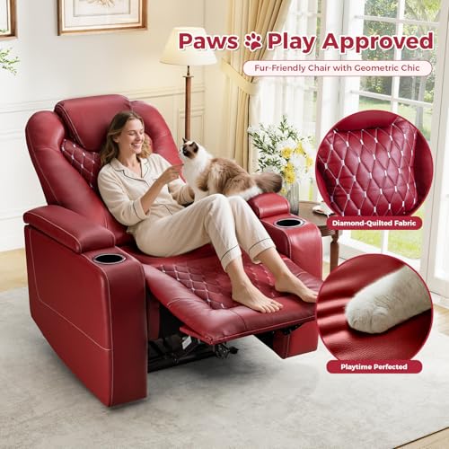 ANJ Power Recliner Chair with USB Ports and Cup Holders, PU Leather, Red R855581