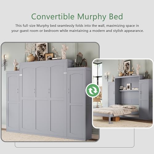 Polib Full Size Murphy Bed with Two Wardrobes and Storage Shelf, White S302797