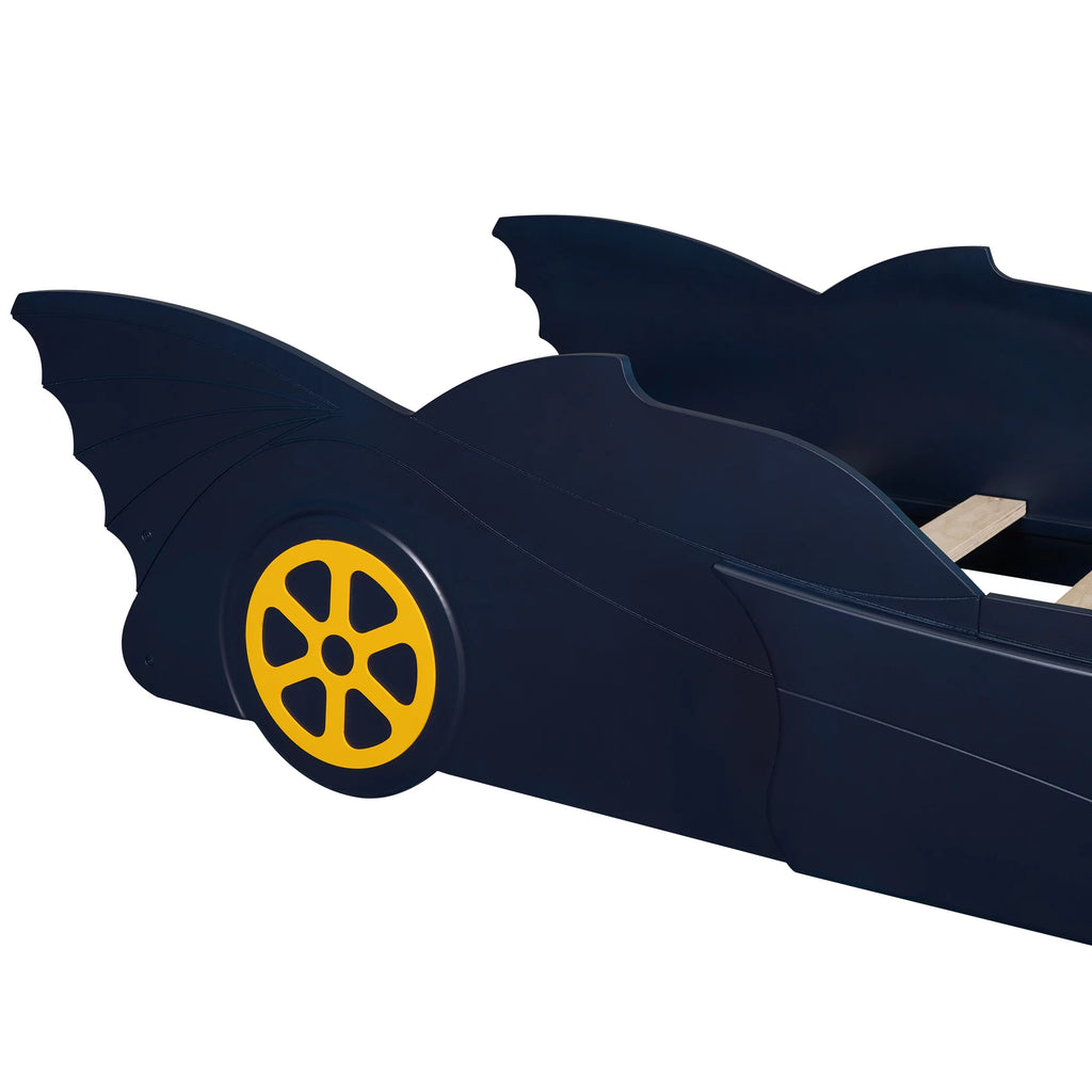 iRerts Race Car Shaped Twin Bed Frame for Kids, Wood Platform Bed with Wheels, Blue/Yellow V249491
