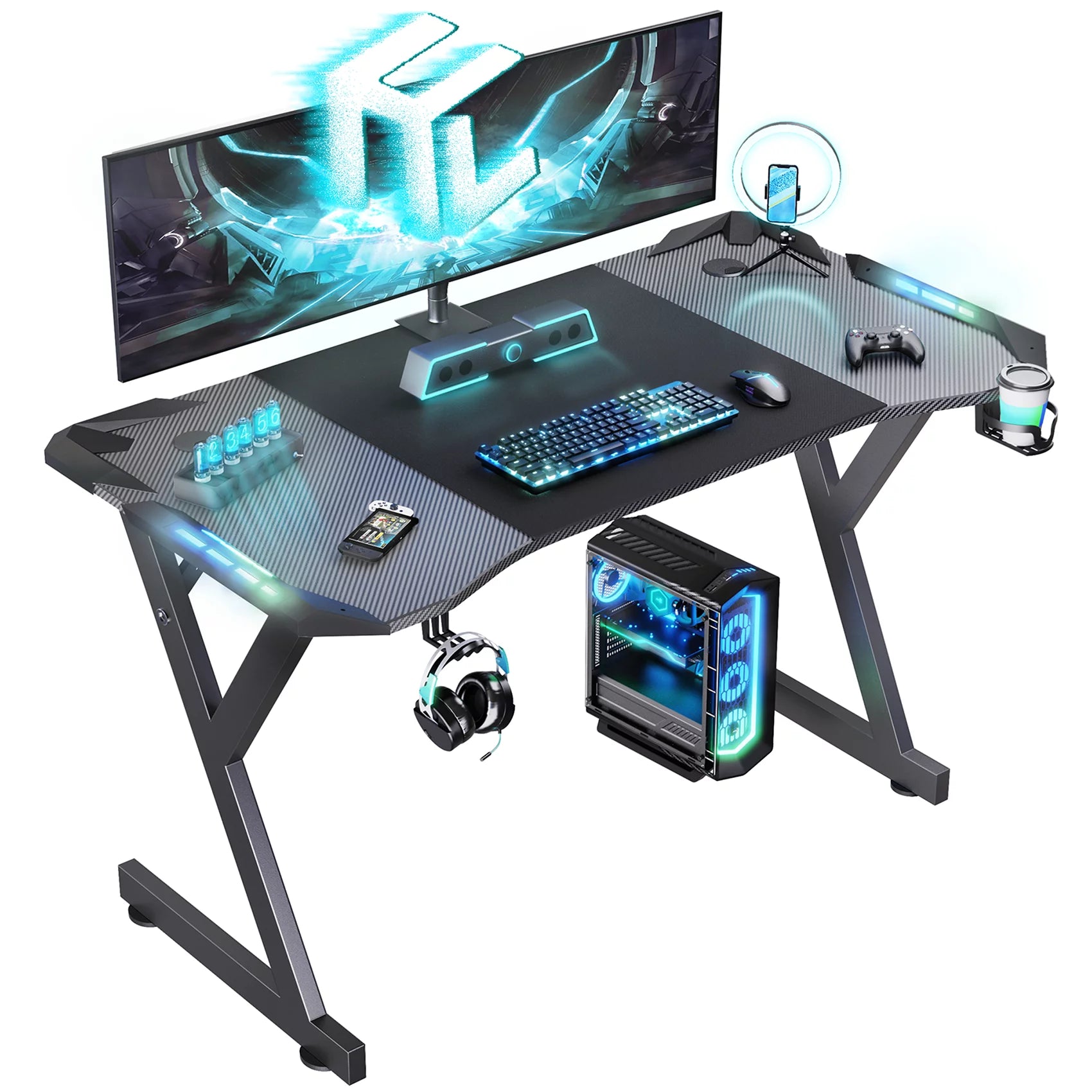 HLDIRECT 55 Inch Gaming Desk with LED Lights, Ergonomic Computer Gaming Table with Carbon Fibre Surface, Sturdy PC Workstation Desk for Gaming and Home Office with Headphone Hook, Cup Holder, Black