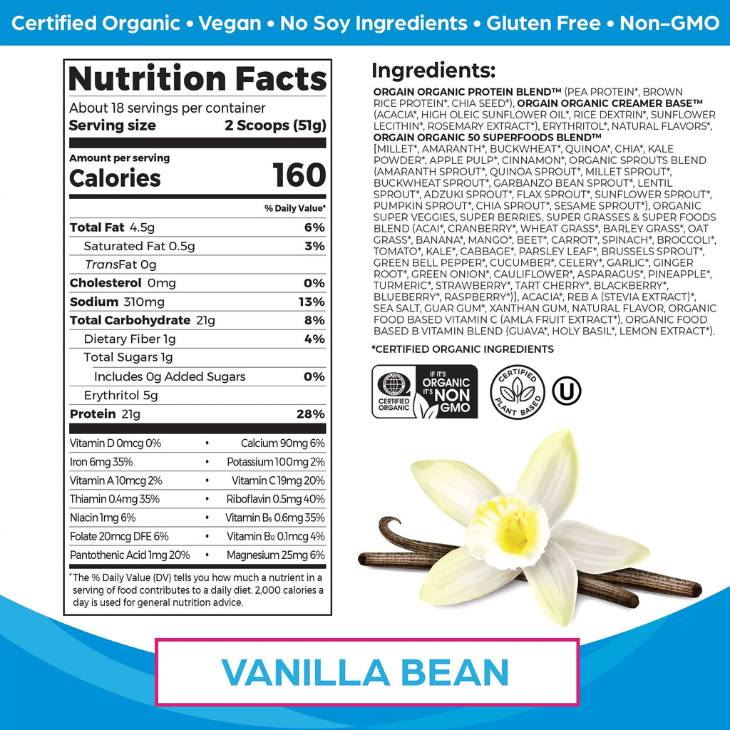 Orgain Organic Vegan Protein Powder Vanilla Bean, 21g Plant Based Protein, 2.02lb D9636