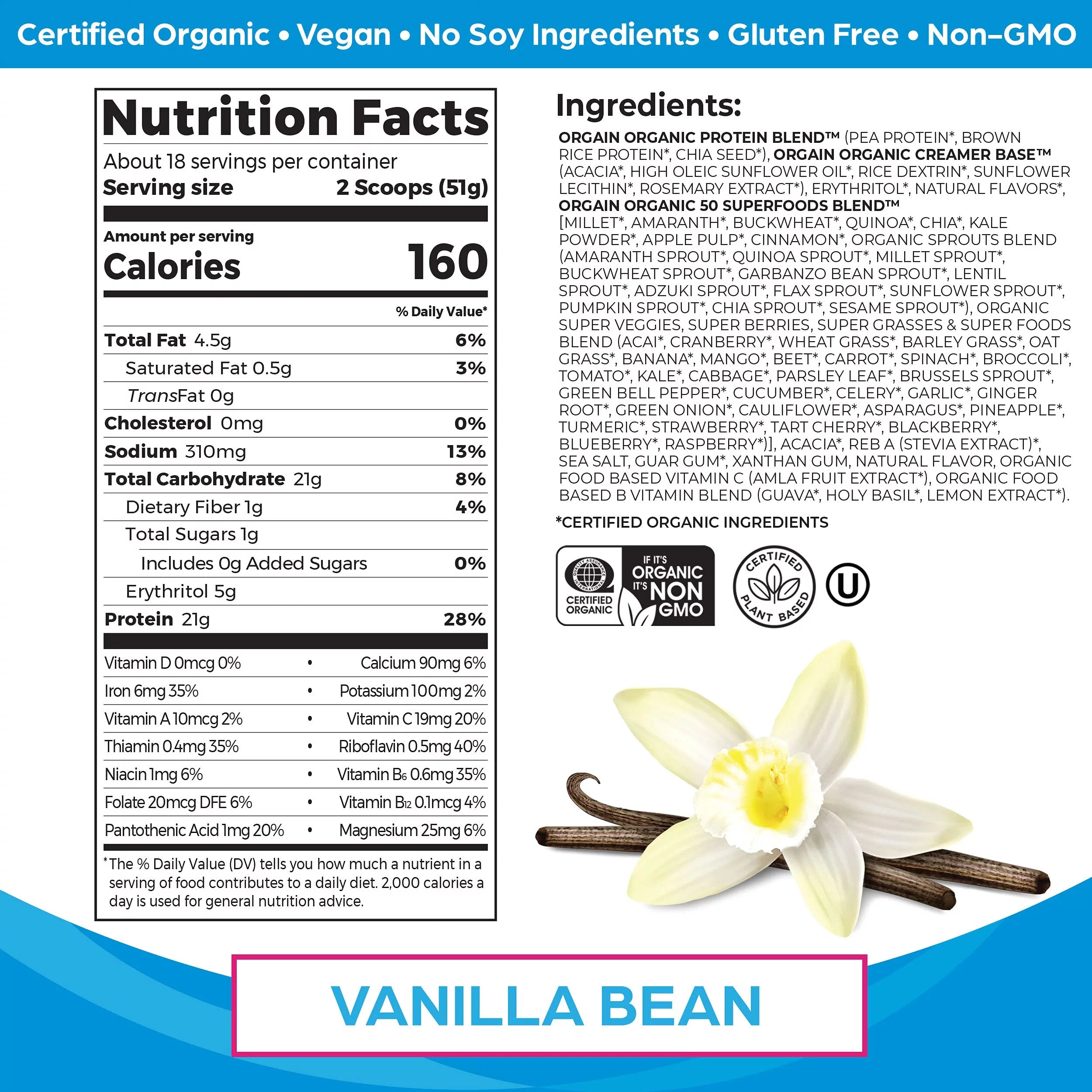 Orgain Organic Vegan Protein Powder Vanilla Bean, 21g Plant Based Protein, 2.02lb D9636