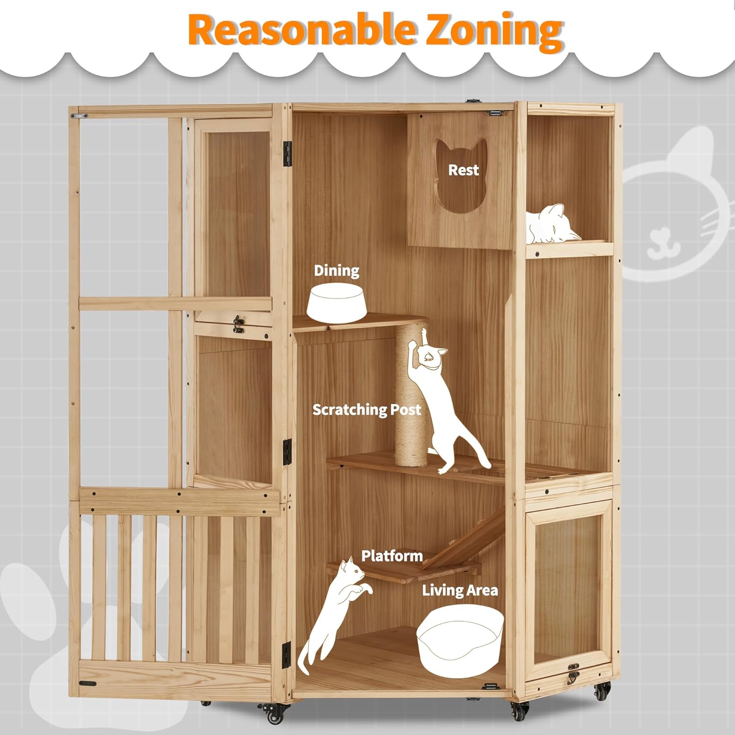 MCombo Large Corner Cat House Villa Wooden Indoor Cat Enclosure with Scratching Post M143